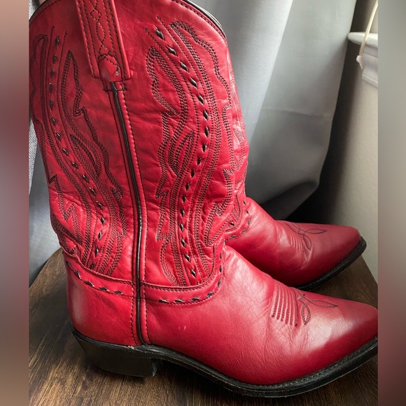 Shoes - Red Leather Cowboy Boots Pointed toe with Black Stitching | Size 10